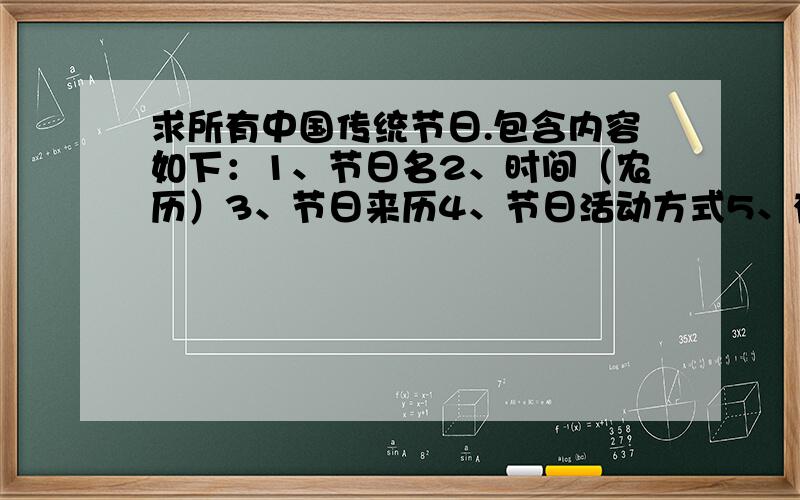 求所有中国传统节日.包含内容如下：1、节日名2、时间（农历）3、节日来历4、节日活动方式5、有关古诗句