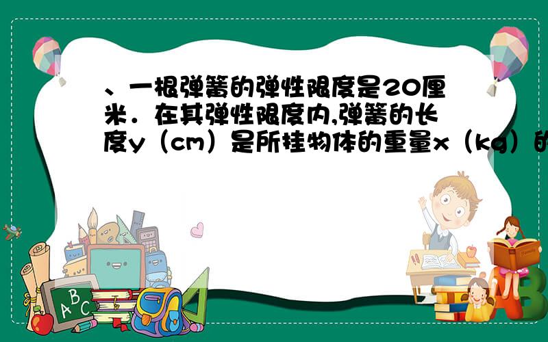 、一根弹簧的弹性限度是20厘米．在其弹性限度内,弹簧的长度y（cm）是所挂物体的重量x（kg）的一次函数,当所挂物体的重