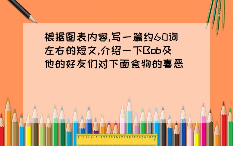 根据图表内容,写一篇约60词左右的短文,介绍一下Bob及他的好友们对下面食物的喜恶