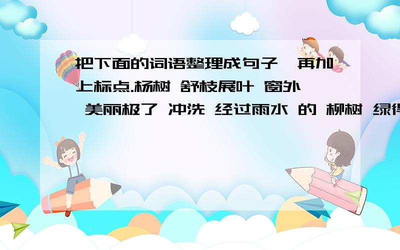 把下面的词语整理成句子,再加上标点.杨树 舒枝展叶 窗外 美丽极了 冲洗 经过雨水 的 柳树 绿得发亮