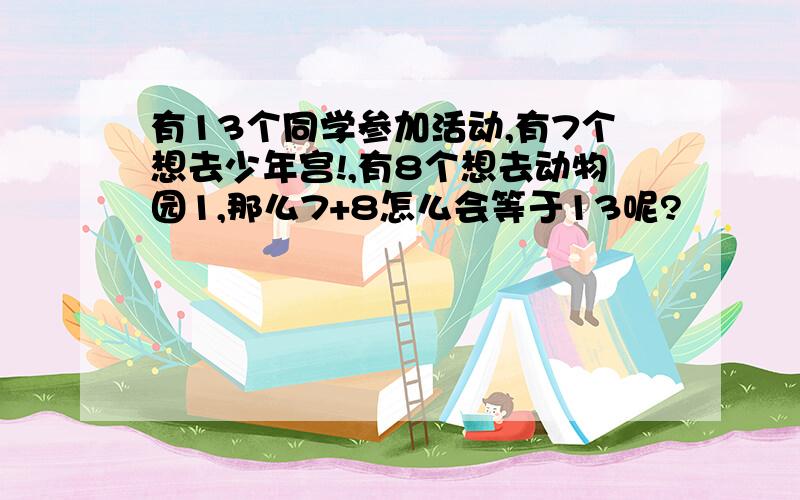 有13个同学参加活动,有7个想去少年宫!,有8个想去动物园1,那么7+8怎么会等于13呢?