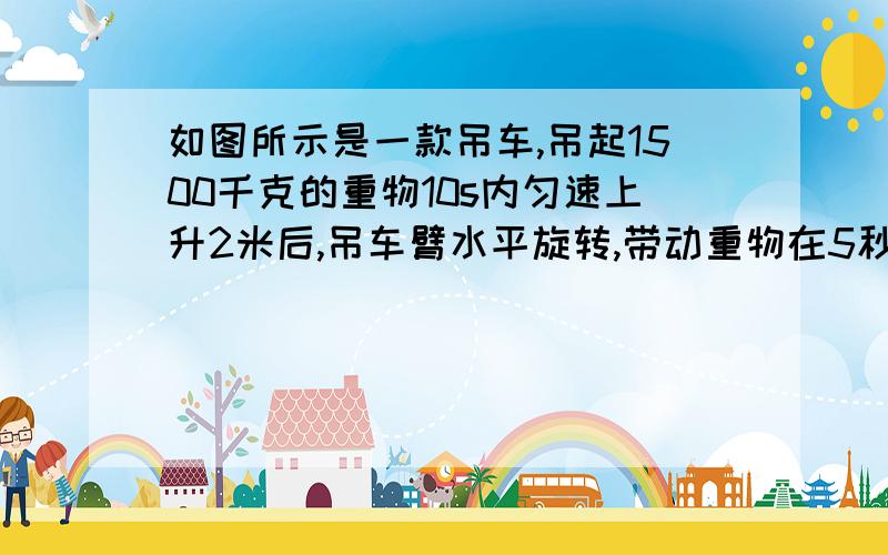 如图所示是一款吊车,吊起1500千克的重物10s内匀速上升2米后,吊车臂水平旋转,带动重物在5秒内水平移动3米将重物移到