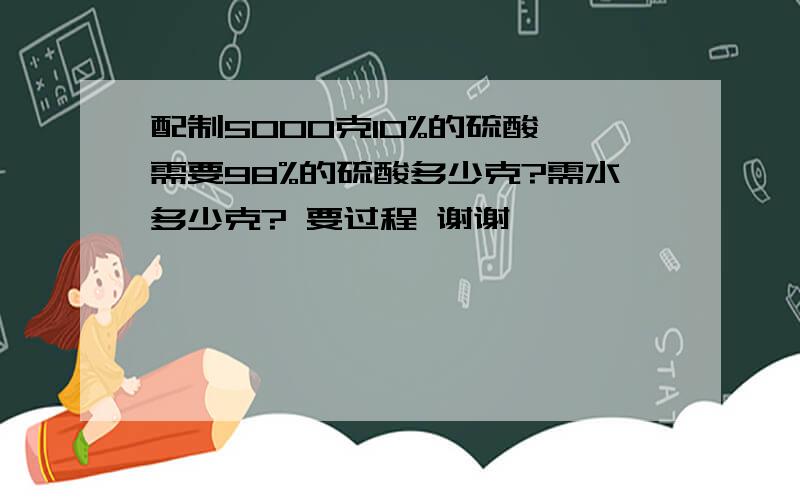 配制5000克10%的硫酸,需要98%的硫酸多少克?需水多少克? 要过程 谢谢