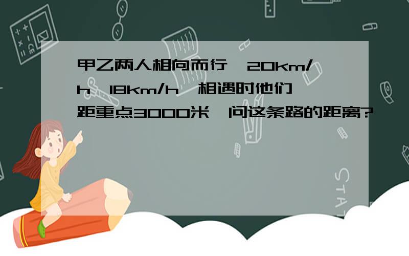 甲乙两人相向而行,20km/h,18km/h,相遇时他们距重点3000米,问这条路的距离?