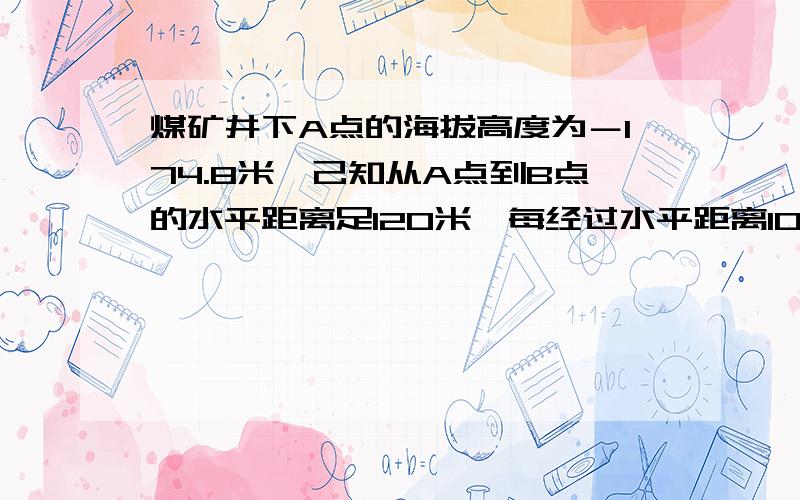 煤矿井下A点的海拔高度为－174.8米,己知从A点到B点的水平距离足120米,每经过水平距离10米上升0.4米,B点在A