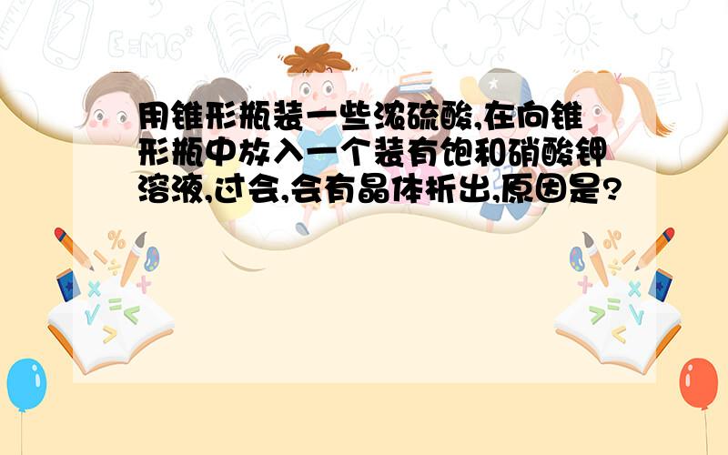 用锥形瓶装一些浓硫酸,在向锥形瓶中放入一个装有饱和硝酸钾溶液,过会,会有晶体析出,原因是?