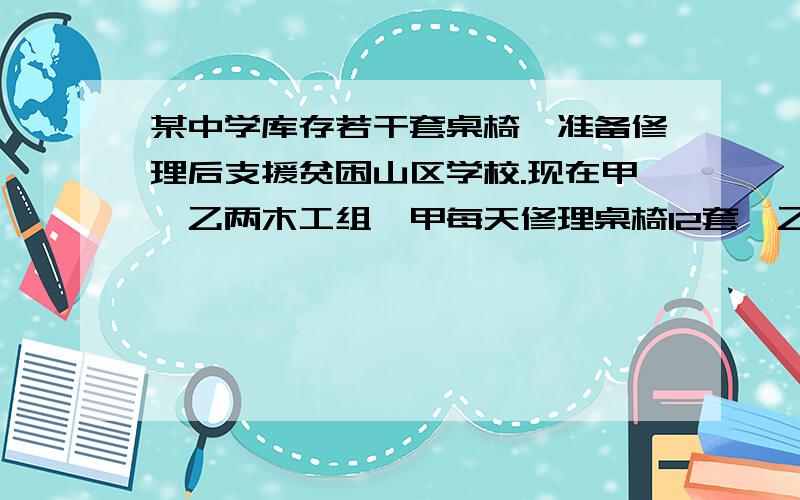 某中学库存若干套桌椅,准备修理后支援贫困山区学校.现在甲、乙两木工组,甲每天修理桌椅12套,乙每天修