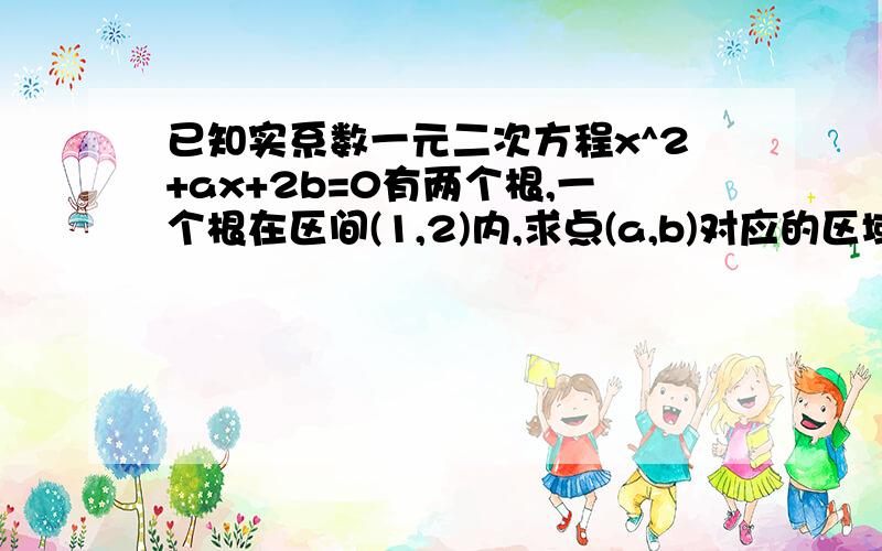 已知实系数一元二次方程x^2+ax+2b=0有两个根,一个根在区间(1,2)内,求点(a,b)对应的区域的面积?