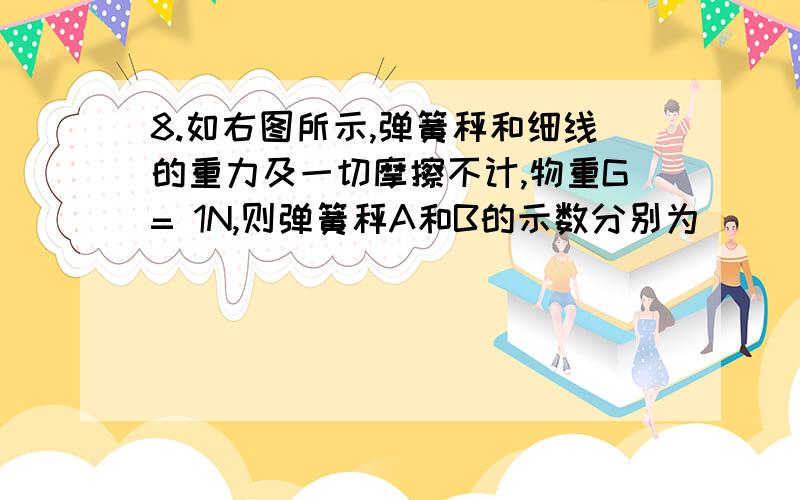 8.如右图所示,弹簧秤和细线的重力及一切摩擦不计,物重G= 1N,则弹簧秤A和B的示数分别为( )