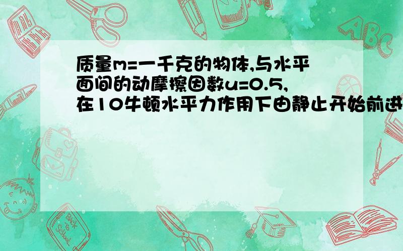 质量m=一千克的物体,与水平面间的动摩擦因数u=0.5,在10牛顿水平力作用下由静止开始前进2米后撤去外力在