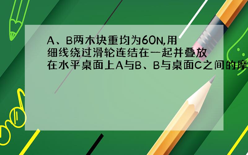 A、B两木块重均为60N,用细线绕过滑轮连结在一起并叠放在水平桌面上A与B、B与桌面C之间的摩擦因数均为0.3．