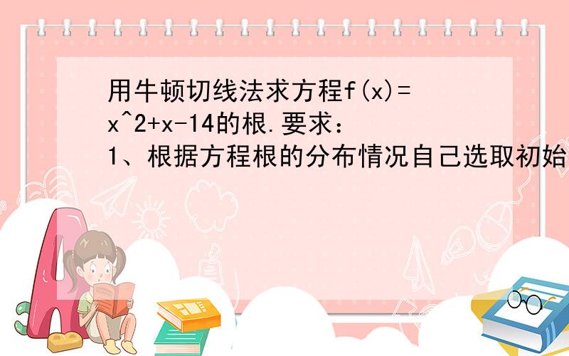 用牛顿切线法求方程f(x)=x^2+x-14的根.要求：1、根据方程根的分布情况自己选取初始迭代点； 2、相对误差； 3