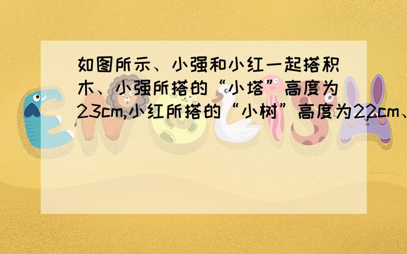 如图所示、小强和小红一起搭积木、小强所搭的“小塔”高度为23cm,小红所搭的“小树”高度为22cm、设每块A型积木高度为