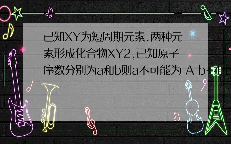 已知XY为短周期元素.两种元素形成化合物XY2,已知原子序数分别为a和b则a不可能为 A b+4 B b-5 C b+6