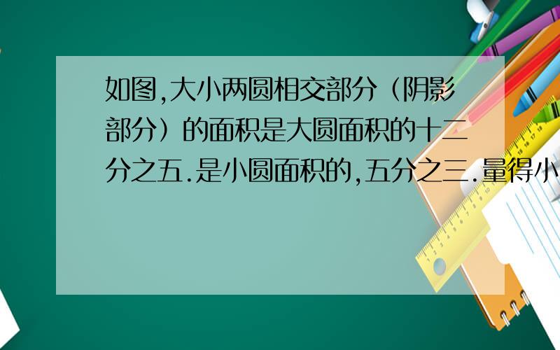 如图,大小两圆相交部分（阴影部分）的面积是大圆面积的十二分之五.是小圆面积的,五分之三.量得小圆的半径是5cm.大圆的面