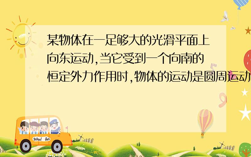 某物体在一足够大的光滑平面上向东运动,当它受到一个向南的恒定外力作用时,物体的运动是圆周运动吗?