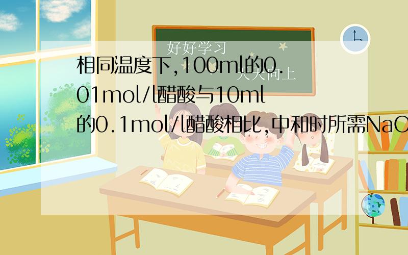 相同温度下,100ml的0.01mol/l醋酸与10ml的0.1mol/l醋酸相比,中和时所需NaOH的量谁比较多