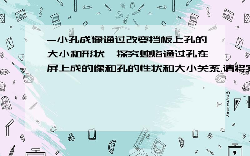 -小孔成像通过改变挡板上孔的大小和形状,探究烛焰通过孔在屏上成的像和孔的性状和大小关系.请将实验探究的结果记录在表格中结