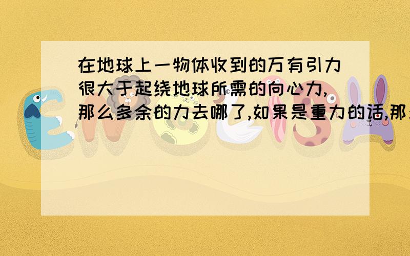 在地球上一物体收到的万有引力很大于起绕地球所需的向心力,那么多余的力去哪了,如果是重力的话,那么就说明重力和向心力是分开