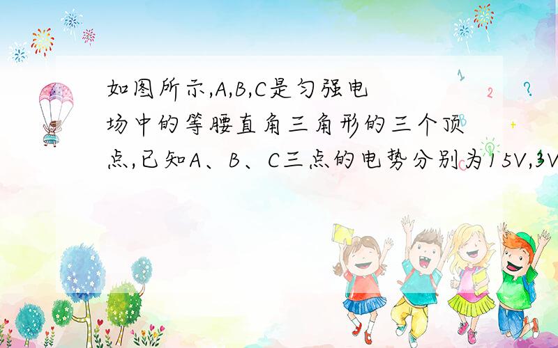 如图所示,A,B,C是匀强电场中的等腰直角三角形的三个顶点,已知A、B、C三点的电势分别为15V,3V,-3V试确定场强