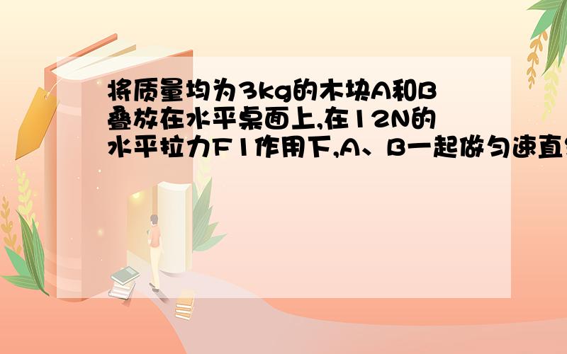 将质量均为3kg的木块A和B叠放在水平桌面上,在12N的水平拉力F1作用下,A、B一起做匀速直线运动.（g=10N/Kg