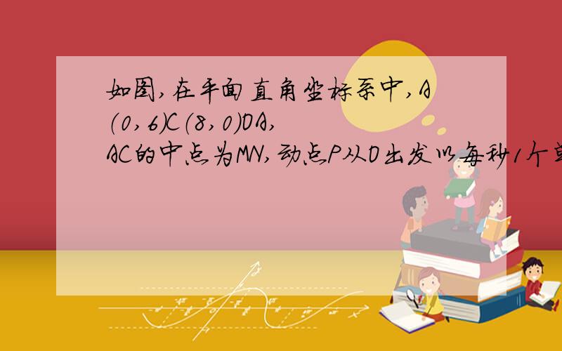 如图,在平面直角坐标系中,A（0,6）C（8,0）OA,AC的中点为MN,动点P从O出发以每秒1个单位的速度按照箭头