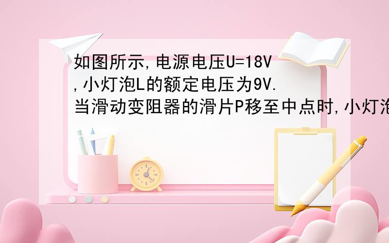 如图所示,电源电压U=18V,小灯泡L的额定电压为9V.当滑动变阻器的滑片P移至中点时,小灯泡L正常发光；当滑片P移至最