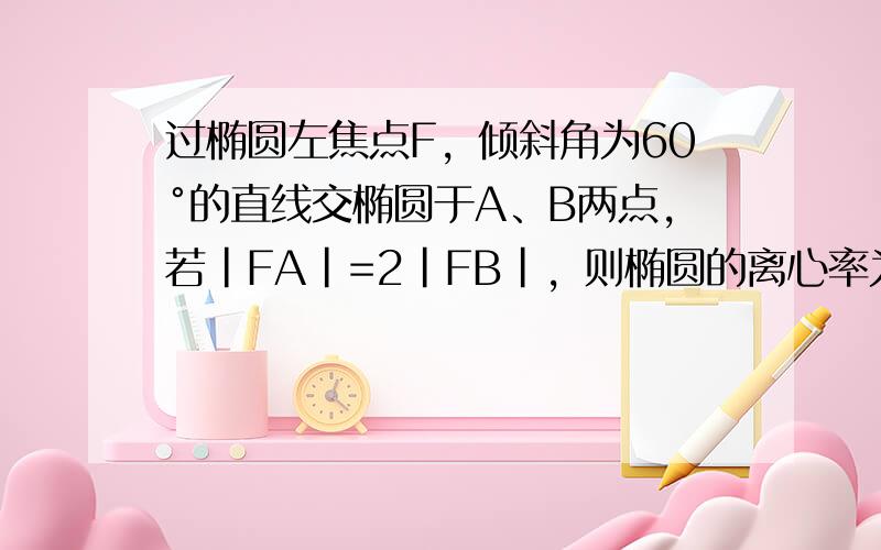 过椭圆左焦点F，倾斜角为60°的直线交椭圆于A、B两点，若|FA|=2|FB|，则椭圆的离心率为（　　）