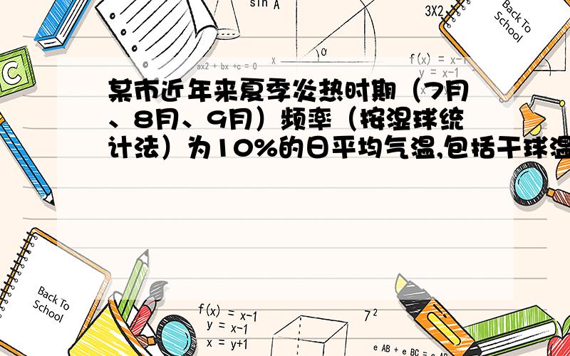 某市近年来夏季炎热时期（7月、8月、9月）频率（按湿球统计法）为10%的日平均气温,包括干球温度、大气气压、大气温度、湿