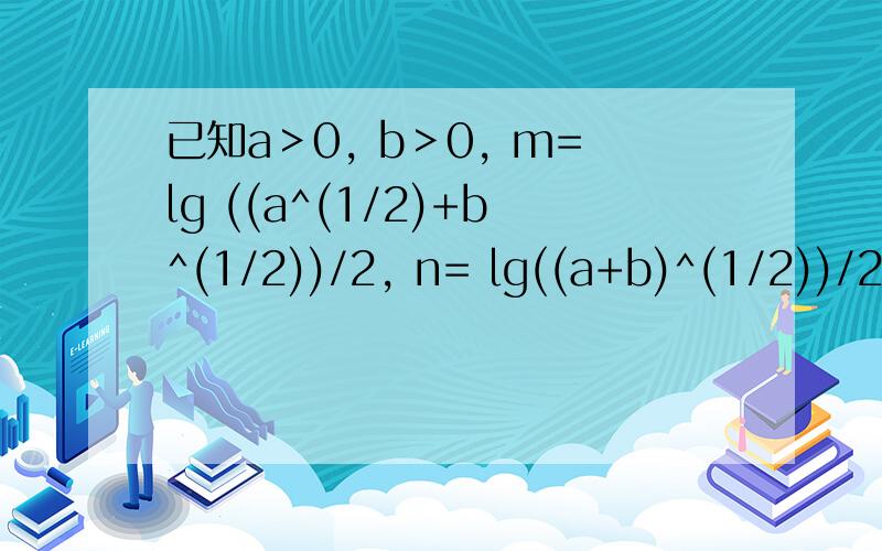 已知a＞0, b＞0, m=lg ((a^(1/2)+b^(1/2))/2, n= lg((a+b)^(1/2))/2