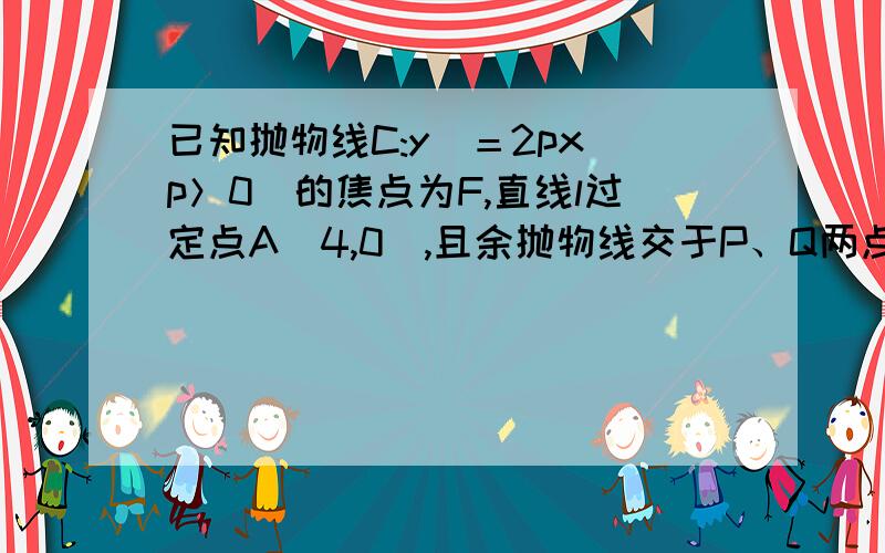 已知抛物线C:y^＝2px(p＞0)的焦点为F,直线l过定点A(4,0),且余抛物线交于P、Q两点.