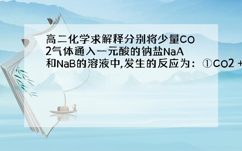 高二化学求解释分别将少量CO2气体通入一元酸的钠盐NaA和NaB的溶液中,发生的反应为：①CO2 +2NaA +H2O