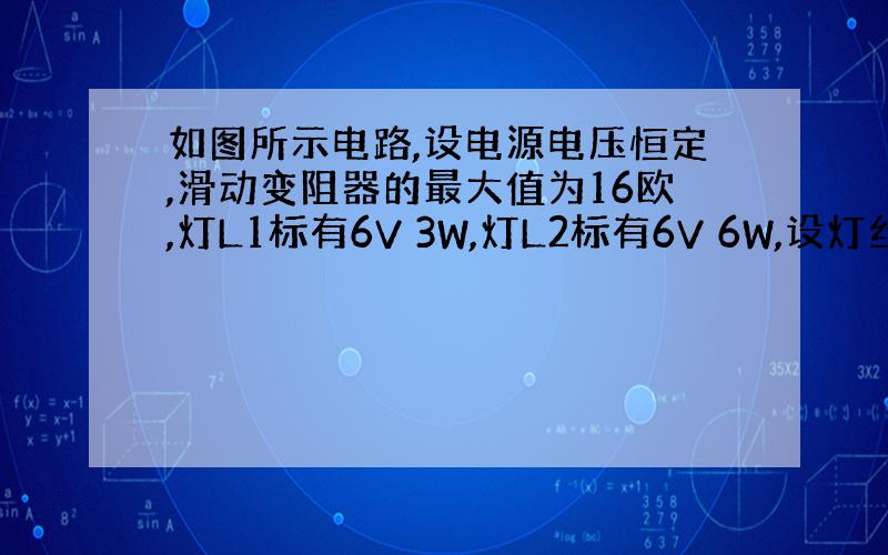 如图所示电路,设电源电压恒定,滑动变阻器的最大值为16欧,灯L1标有6V 3W,灯L2标有6V 6W,设灯丝电阻不随温