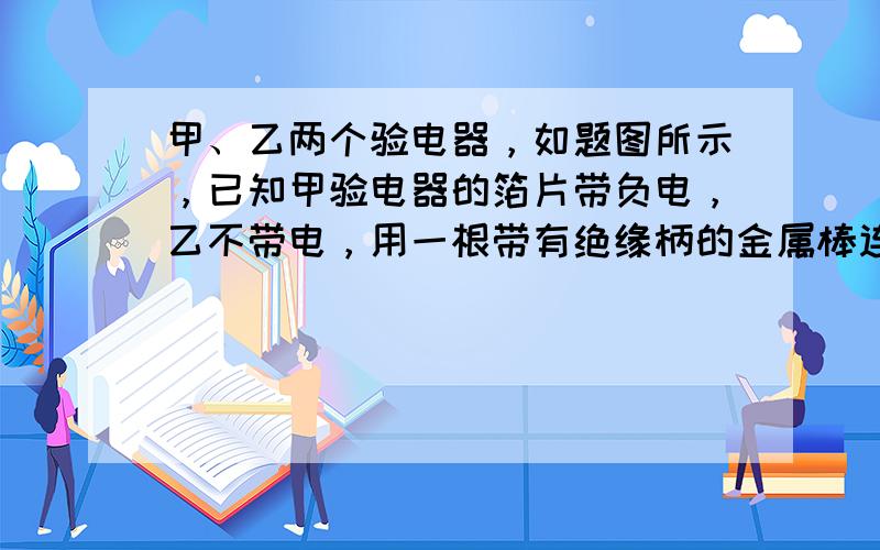 甲、乙两个验电器，如题图所示，已知甲验电器的箔片带负电，乙不带电，用一根带有绝缘柄的金属棒连接两个金属球，会看到验电器乙