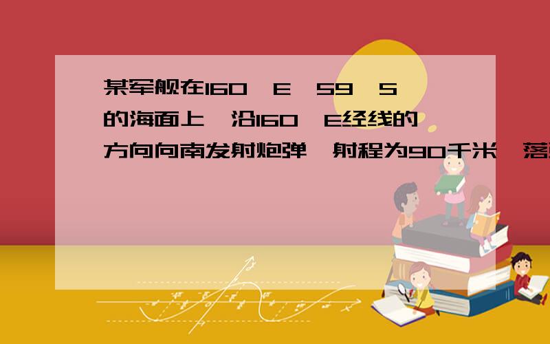 某军舰在160°E,59°S的海面上,沿160°E经线的方向向南发射炮弹,射程为90千米,落弹点将