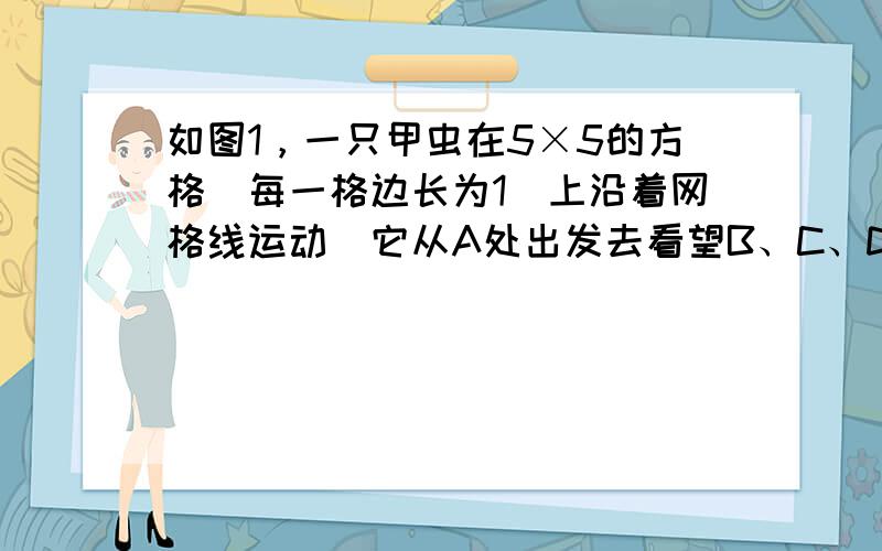 如图1，一只甲虫在5×5的方格（每一格边长为1）上沿着网格线运动．它从A处出发去看望B、C、D处的其它甲虫，规定：向上向