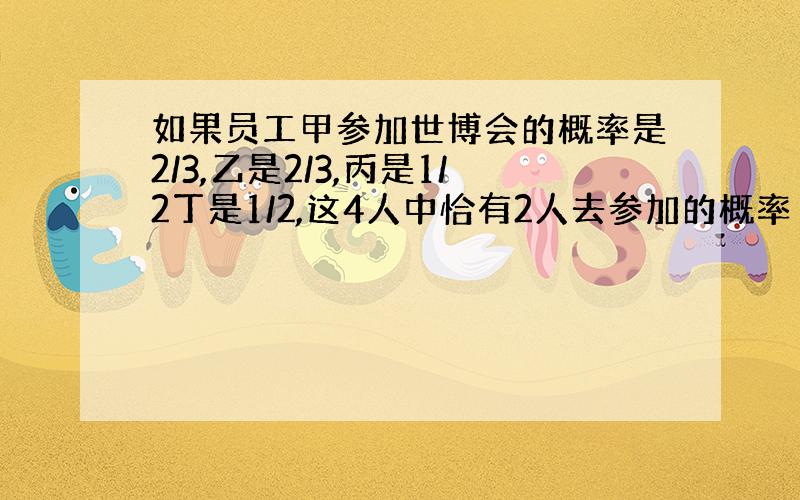 如果员工甲参加世博会的概率是2/3,乙是2/3,丙是1/2丁是1/2,这4人中恰有2人去参加的概率