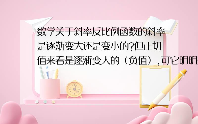 数学关于斜率反比例函数的斜率是逐渐变大还是变小的?但正切值来看是逐渐变大的（负值）,可它明明是越来越平缓的呀?在物理来看