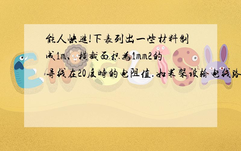 能人快进!下表列出一些材料制成1m、横截面积为1mm2的导线在20度时的电阻值.如果架设输电线路,应选用（ &