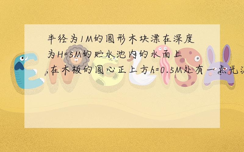 半径为1M的圆形木块漂在深度为H=5M的贮水池内的水面上,在木板的圆心正上方h=0.5M处有一点光源,在水池的平底上影的