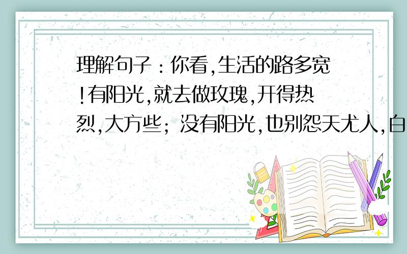 理解句子：你看,生活的路多宽!有阳光,就去做玫瑰,开得热烈,大方些；没有阳光,也别怨天尤人,白花照样可爱