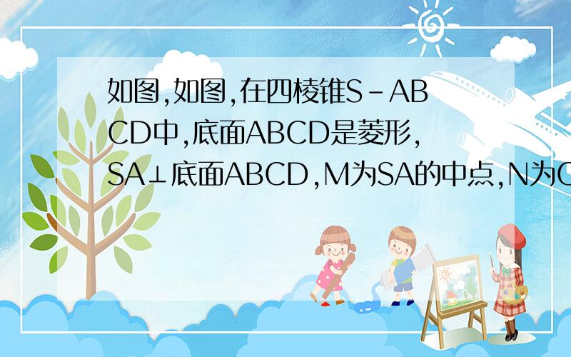 如图,如图,在四棱锥S-ABCD中,底面ABCD是菱形,SA⊥底面ABCD,M为SA的中点,N为CD的中点．