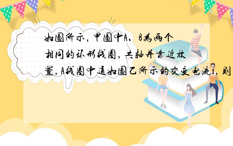 如图所示，甲图中A、B为两个相同的环形线圈，共轴并靠近放置，A线圈中通如图乙所示的交变电流i，则（　　）