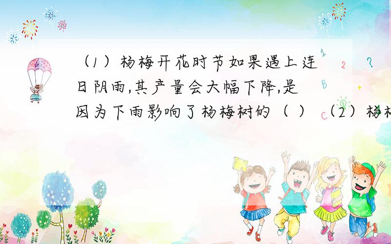 （1）杨梅开花时节如果遇上连日阴雨,其产量会大幅下降,是因为下雨影响了杨梅树的（ ） （2）杨梅里的糖