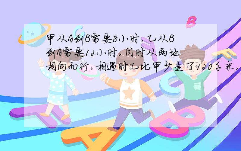 甲从A到B需要8小时,乙从B到A需要12小时,同时从两地相向而行,相遇时乙比甲少走了120千米,乙行了多少千