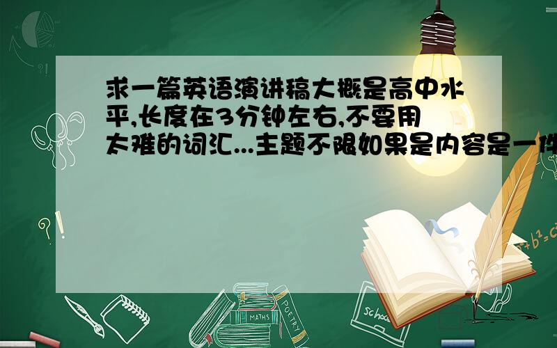 求一篇英语演讲稿大概是高中水平,长度在3分钟左右,不要用太难的词汇...主题不限如果是内容是一件事或是一种现象,请加上一