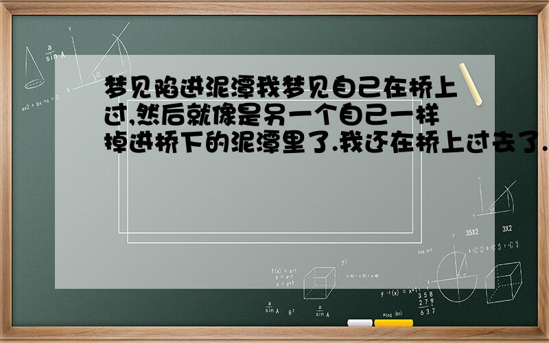 梦见陷进泥潭我梦见自己在桥上过,然后就像是另一个自己一样掉进桥下的泥潭里了.我还在桥上过去了.然后找爸爸和朋友就去泥潭里