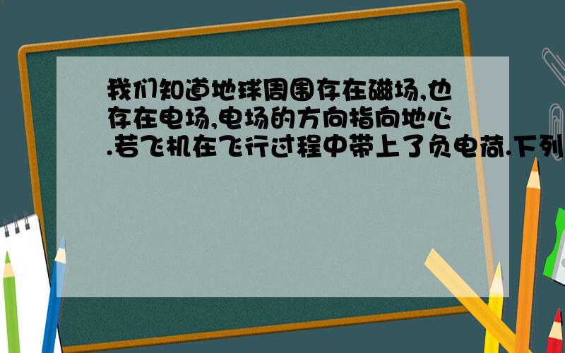 我们知道地球周围存在磁场,也存在电场,电场的方向指向地心.若飞机在飞行过程中带上了负电荷.下列说法