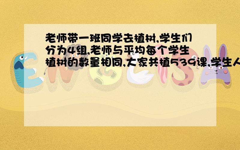 老师带一班同学去植树,学生们分为4组,老师与平均每个学生植树的数量相同,大家共植539课,学生人数是?