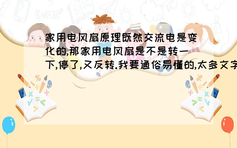 家用电风扇原理既然交流电是变化的,那家用电风扇是不是转一下,停了,又反转.我要通俗易懂的,太多文字容易看睡着啊.最好有图